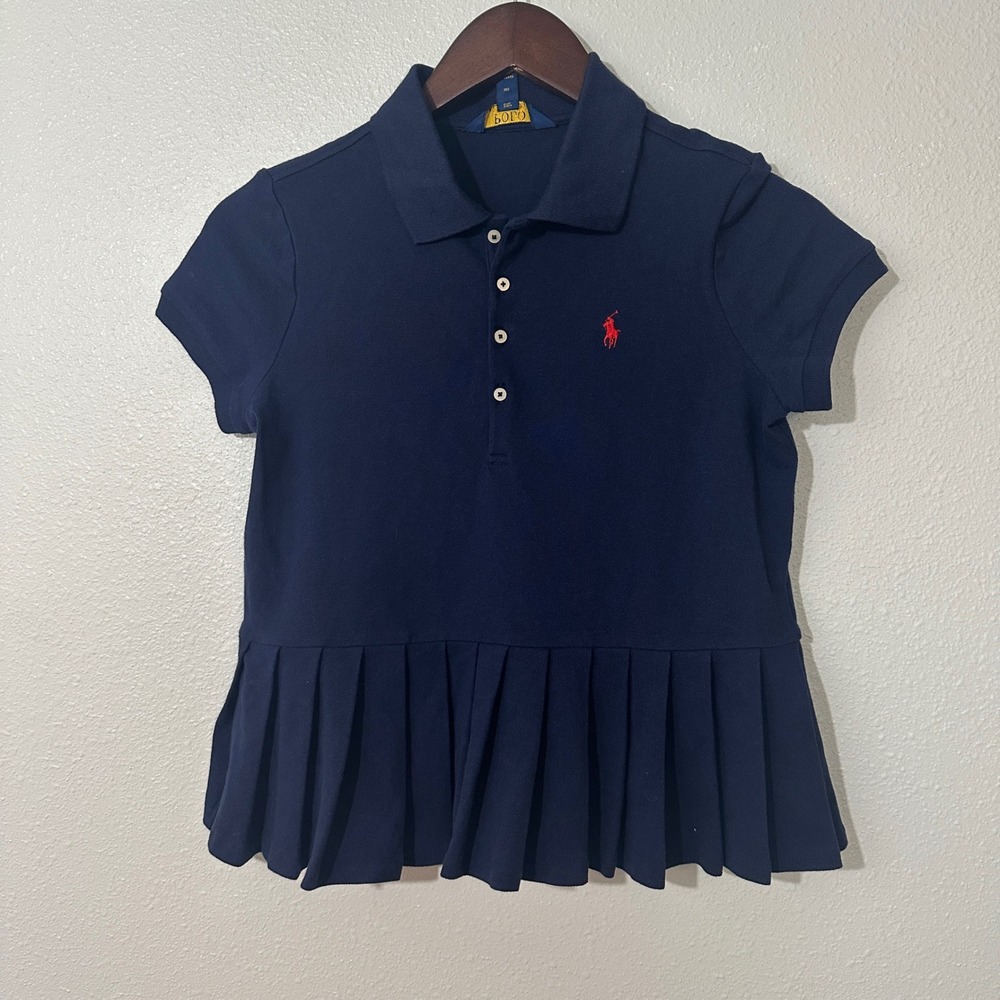 Polo Ralph Lauren Girls Navy Blue Pleated Peplum Polo Shirt L 12-14 Red Pony